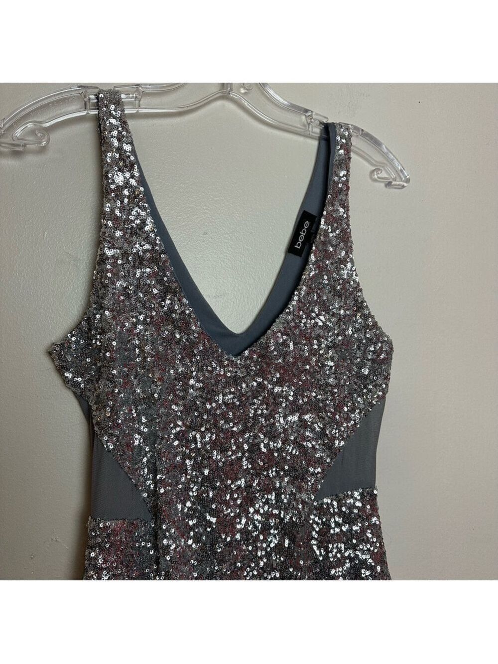 Bebe Silver Sequin Bodycon Sleeveless Mini Dress with Mesh Cutouts - Picture 9 of 14